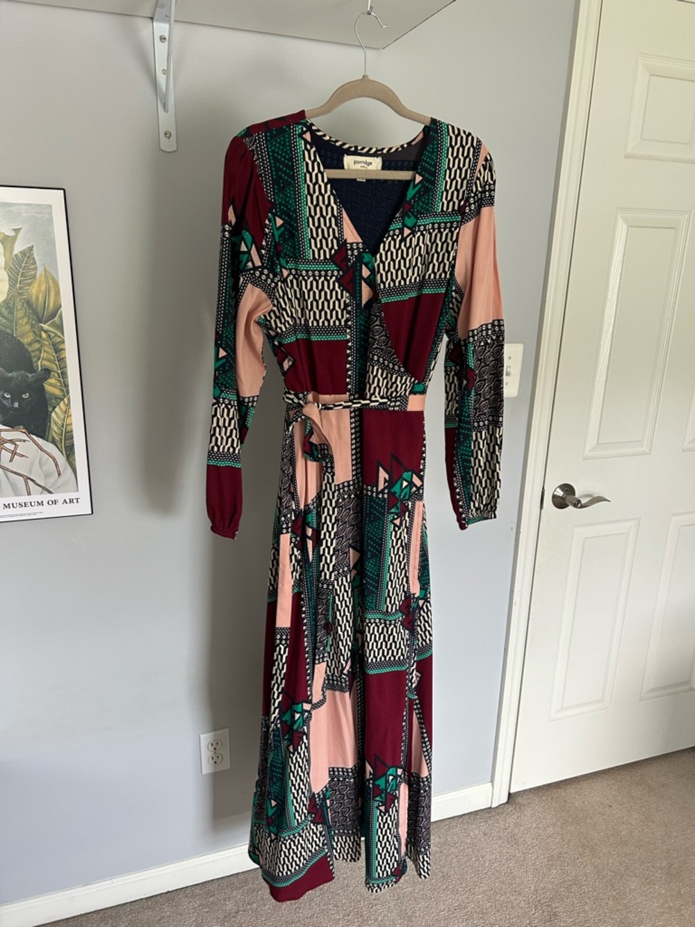 Anthropologie Patchwork Geometric Wrap Maxi Dress - Burgundy, Pink & Teal